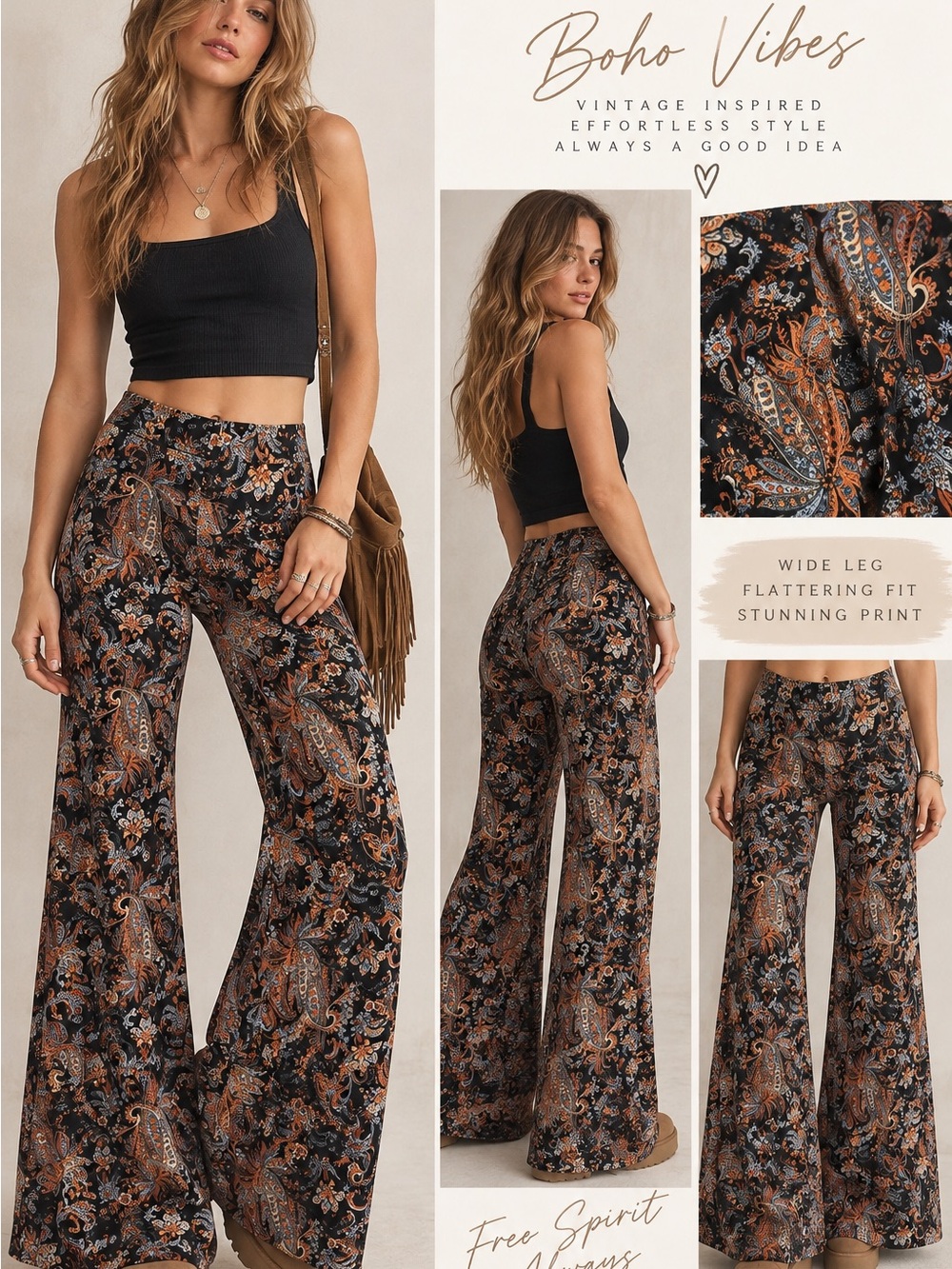 Free People Paisley Wide Leg Pants Black Rust Blue Boho XS